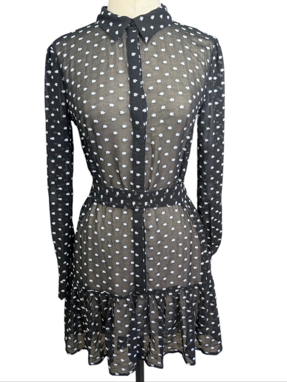 Endless Rose Black Sheer black, belted shirt dress W embroidered flowers. Small